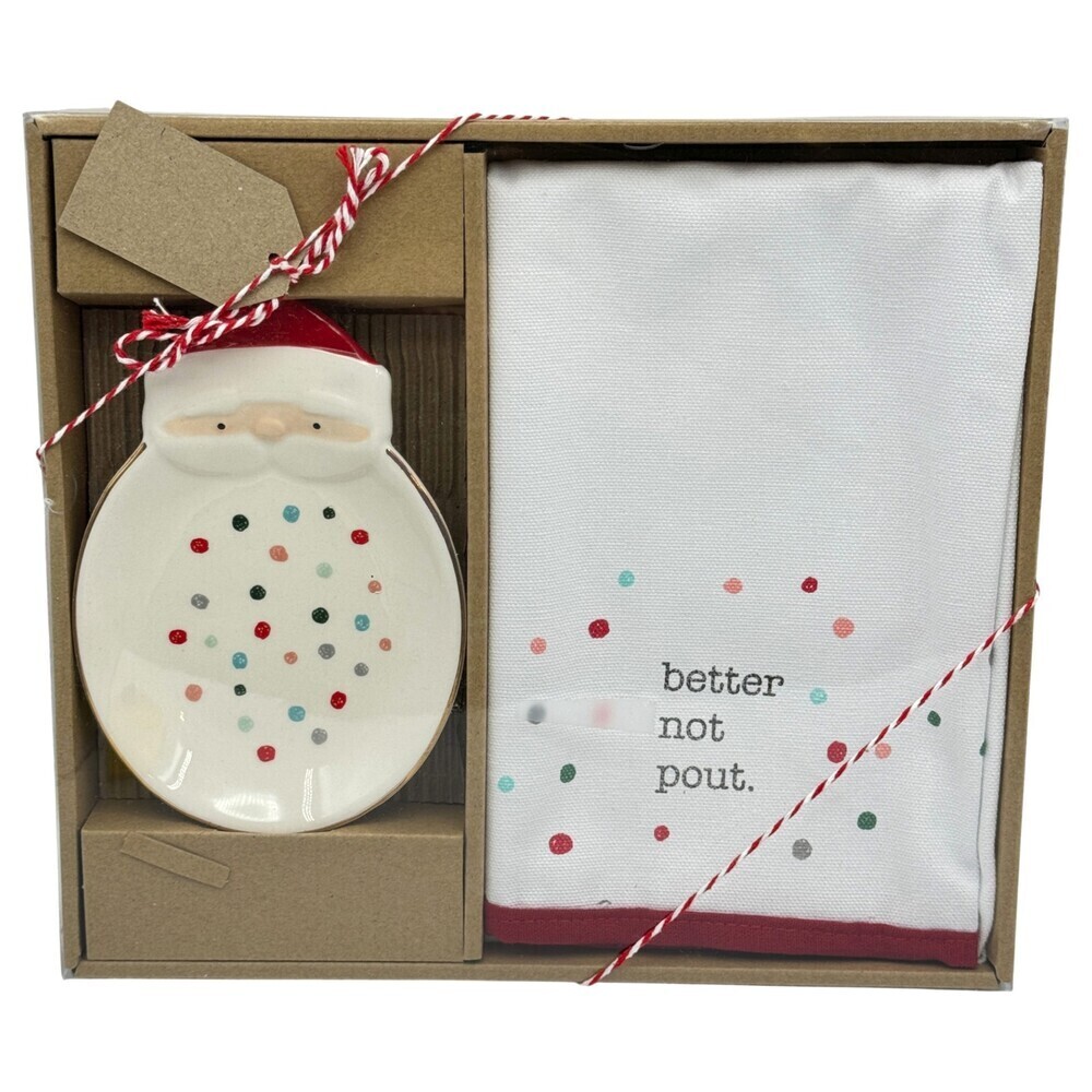 Santa Clause Soap Dish Tea Towel Christmas Holiday Winter Kitchen Gift Set NIB